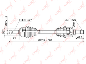 Привод в сборе L LYNXauto CD-1182. Для: Ford, Форд, Mondeo(Мондео) III 1.8-2.0 MT 00-07. Резьба 1 - MM22x1,5. Шлицы со стороны колеса, шт. - 27. Шлицы со стороны трансмиссии, шт. - 26., фото 3