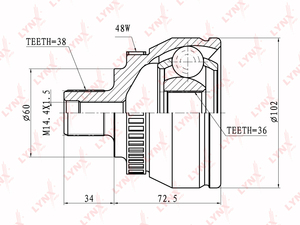 ШРУС наружный LYNXauto CO-3019A. Для: VW, Фольксваген, Sharan 1.8-2.8 95> / Ford, Форд, Galaxy(Гэлакси) 1.9TD-2.8 95-06, . Резьба 1 - FM16x1,5. Шлицы наружные, шт. - 38. Шлицы внутренние, шт. - 36., фото 2