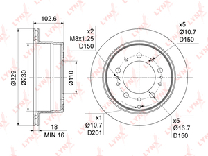 Диск тормозной задний (329x18) LYNXauto BN-1185. Для: Toyota, Тойота, Land Cruiser(ЛэндКрузер)(100) 4.2D-4.7 98-07, Lexus, Лексус, LX470 98-09. Высота, мм- 102,6. 
Центрирующий диаметр, мм- 110,0., фото 3