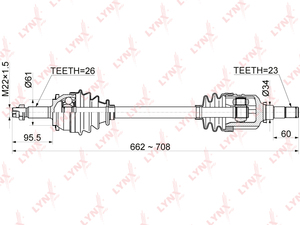 Привод в сборе L LYNXauto CD-1152. Для: Toyota, Тойота, Auris(E150) 1.33-1.6 07-12 / Corolla(Корола)(E150) 1.33-1.6 04-14. Шлицы со стороны колеса, шт. - 26. Шлицы со стороны трансмиссии, шт. - 23., фото 3