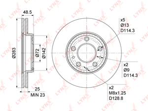 Диск тормозной передний (283x25) LYNXauto BN-1072. Для: Mazda, Мазда, 6(GG) 2.0-2.3 02-07. Высота, мм- 48,5. Центрирующий диаметр, мм- 72,0. Диаметр отверстий, шпилек / PCD, мм- d 13 / PCD 114,3., фото 3