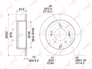 Диск тормозной задний (262x10) LYNXauto BN-1597. Для: Kia, Киа, Cerato(Серато)(TD) 09> / Soul I 09>. Внутренний диаметр тормозного барабана, мм- 168 / MAX 169. Центрирующий диаметр, мм- 76,0., фото 3