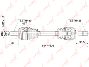 Привод в сборе передний L  LYNXauto CD-1085A. Для: Mitsubishi, Митсубиси, L200(KA/KB) 2.5D 05-15 / Pajero(Паджеро) Sport II 3.2D-3.5 08>. Длина, мм 594-636. 
Резьба 1 MM22x1,5., фото 3
