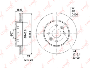 Диск тормозной передний (258x24) LYNXauto BN-1060. Для: Kia, Киа, Shuma(FB) 1.6-1.8 01-04. Высота, мм- 48,5. Центрирующий диаметр, мм- 57,0. Диаметр отверстий, шпилек / PCD, мм- d 13,1 / PCD 100., фото 3
