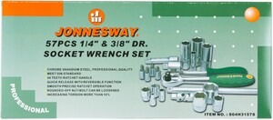 JONNESWAY S04H3157S Набор головок торцевых стандартных и глубоких 1/4" и 3/8"DR, 4-24 мм, 57 предметов, фото 3