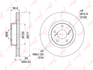 Диск тормозной передний (277x24) LYNXauto BN-1127. Для: Subaru, Субару, Forester(SF-SH) 2.0 97> / Impreza(GD-GH) 1.5-2.0 00> / Legacy I-V 2.0-2.5 92> / XV 2.0 12>. Центрирующий диаметр, мм- 58,0., фото 3