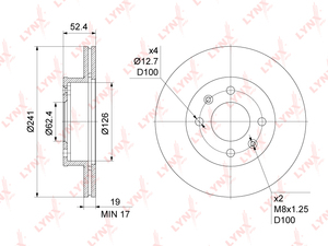 Диск тормозной передний (241x19) LYNXauto BN-1053. Для: Hyundai, Хендай Accent(Акцент)(LC) 1.3-1.6 00-05. Центрирующий диаметр, мм- 62,4. Диаметр отверстий, шпилек / PCD, мм- d 12,7 / PCD 100., фото 3