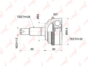 ШРУС наружный  LYNXauto CO-3414A. Для: Honda, Хонда, Odyssey 2.2 94-95/ Inspire 2.0 95-98/Prelude 2.2 96-01. Резьба 1 MM22x1,5. 
Шлицы наружные, шт. 28. 
Шлицы внутренние, шт. 32., фото 2