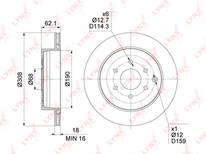 Диск тормозной задний (308x18) LYNXauto BN-1813. Для: Nissan, Ниссан, Navara(D40) 05> / Pathfinder(R51) 05-11. Центрирующий диаметр, мм- 68,0. Диаметр отверстий, шпилек / PCD, мм- d 12,7 / PCD 114,3., фото 3