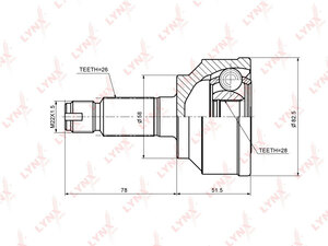 ШРУС наружный  LYNXauto CO-3693. Для: Honda, Хонда, Civic(Цивик)(FD1) 1.8 05>. Резьба 1 MM22x1,5. 
Шлицы наружные, шт. 26. 
Шлицы внутренние, шт. 28. 
Диаметр под сальник, мм 58., фото 2