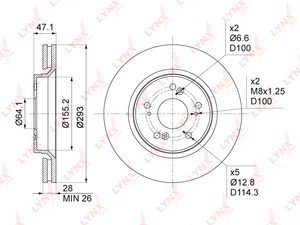 Диск тормозной передний (293x28)  LYNXauto BN-1039. Для: Honda, Хонда, CR-V III-IV 2.0-2.4 07>. Высота, мм 47,1., фото 3