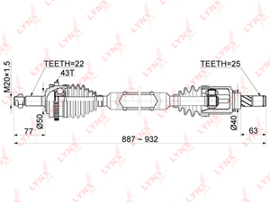 Привод в сборе R LYNXauto CD-1177A. Для: 1.6 AT 11>. Резьба 1 - MM20х1,5. Шлицы со стороны колеса, шт. - 22. Шлицы со стороны трансмиссии, шт. - 25. ABS - 43T., фото 4