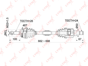 Привод в сборе L LYNXauto CD-7510A. Для: Toyota, Тойота, Camry(Камри)(V30) 2.0-2.4 01-06 / Previa 2.4 00-06 . Шлицы со стороны колеса, шт. - 26. Шлицы со стороны трансмиссии, шт. - 24., фото 3