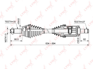 Привод в сборе L  LYNXauto CD-1423. Для: Bmw, БМВ, X5(E70) 3.0-4.8 07> / X6(E71/E72) 3.0D-4.4T 08>. Длина, мм 634-694. 
Резьба 1 MM27х1,5., фото 3