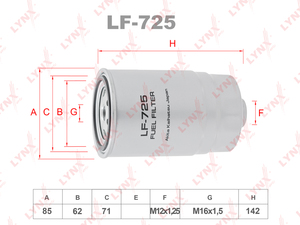 Фильтр топливный LYNXauto LF-725. Для: HYUNDAI Elantra 1.6D 06> / i10 1.1D 08> / i30 1.6D-2.0D 07-11 / Santa Fe(SM) 2.0D 01-06 / Tucson(JM) 2.0D 04>, KIA Ceed 1.6D-2.0D 07> / Cerato 1.5D-2.0D / Picanto 1.1D 05> / Sorento(JC) 2.5D 02> / Spectra 1.5D-2.0D 0, фото 1