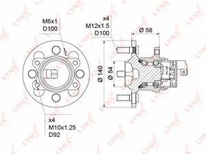 Ступица задняя в сборе с ABS LYNXauto WH-1241. Для: HYUNDAI Accent(MC) 1.4-1.6 05-10 / Getz 1.1-1.6 02-09 / i10(PA) 1.0-1.2 08> / i20 1.1D-1.6 08>, KIA Picanto(BA) 1.0-1.1 04> / Rio II 1.4-1.6 05>, фото 1