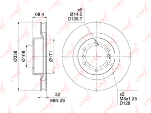 Диск тормозной передний (338x32)  LYNXauto BN-1634. Для: Toyota, Тойота, 4Runner 10> / Land Cruiser(ЛэндКрузер) Prado(Прадо)(150) 09>, Lexus, Лексус, GX460 10>. Высота, мм 68,4., фото 3