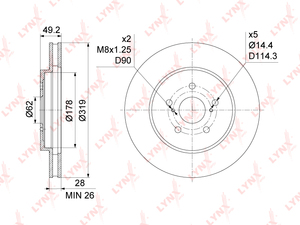 Диск тормозной передний (319x28) LYNXauto BN-1163. Для: Lexus, Лексус, RX300-400h 03-08, Toyota, Тойота, Harrier 2.4-3.5 03-08 / Highlander(Хайлендер) 3.3 03-07. Центрирующий диаметр, мм - 62,0., фото 3