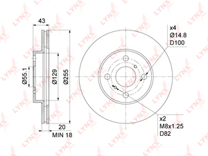 Диск тормозной передний (255x20) LYNXauto BN-1156. Для: Toyota, Тойота, Yaris(P10) 1.0-1.5 99-05 / Yaris Verso 1.3-1.5 99-05 / Echo 1.5 03-05 / Probox/SucCeed(Сид) 1.5 02-14 / Vios 1.5 02-08., фото 3