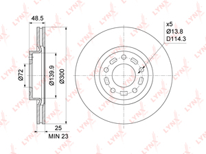 Диск тормозной передний (300x25) LYNXauto BN-1069. Для: Mazda, Мазда, 3(BK/BL) 2.0-2.5 03> / 5(CR/CW) 1.8-2.0 05>. Высота, мм- 48,5. Центрирующий диаметр, мм- 72,0., фото 3