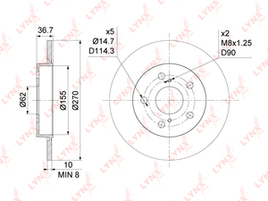 Диск тормозной задний (270x10) LYNXauto BN-1144. Для: Toyota, Тойота, Auris(E150/E180) 1.2-2.2D 07> / Corolla(Корола)(E150/E180) 1.3-2.0D 07>. Высота, мм- 36,7. Центрирующий диаметр, мм- 62,0., фото 3