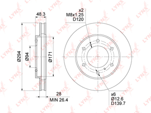 Диск тормозной передний (294x28) LYNXauto BN-1762. Для: Mitsubishi, Митсубиси, L200(KA/KB) 07-15 / Pajero(Паджеро) Sport II 08>. Высота, мм- 48,3. Центрирующий диаметр, мм- 94,0., фото 3