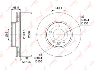 Диск тормозной передний L (330x32) LYNXauto BN-1212L. Для: VW, Фольксваген, Touareg(Таурег)(7L/7P) 2.5D-5.0D 02>, Porsche, Порш, Cayenne(Каен) I 3.0D-4.5 06-10. Центрирующий диаметр, мм- 85,0., фото 3